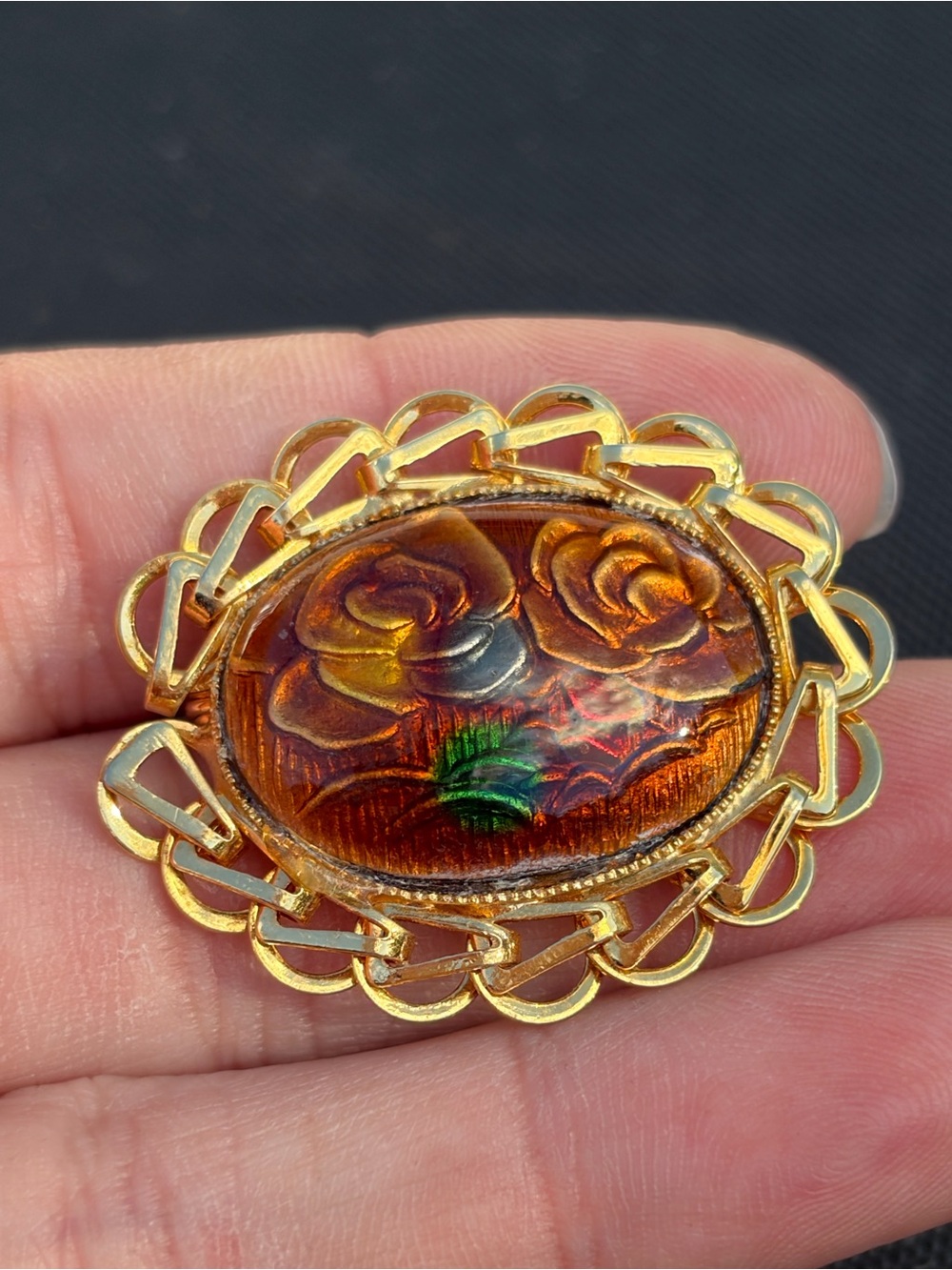Gold-Tone Amber Floral Glass Oval Brooch - Women Jewelry